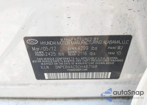 2012 Hyundai Sonata Gls z USA, uszkodzony, nr VIN 5NPEB4AC5CH487168
